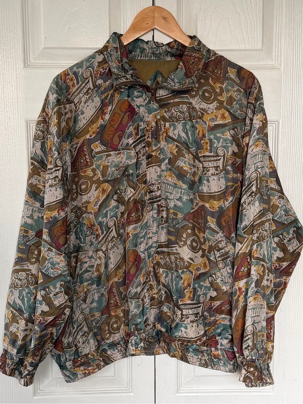 Vintage Diana D’Or 100% Silk Greek Pottery Print Bomber Jacket